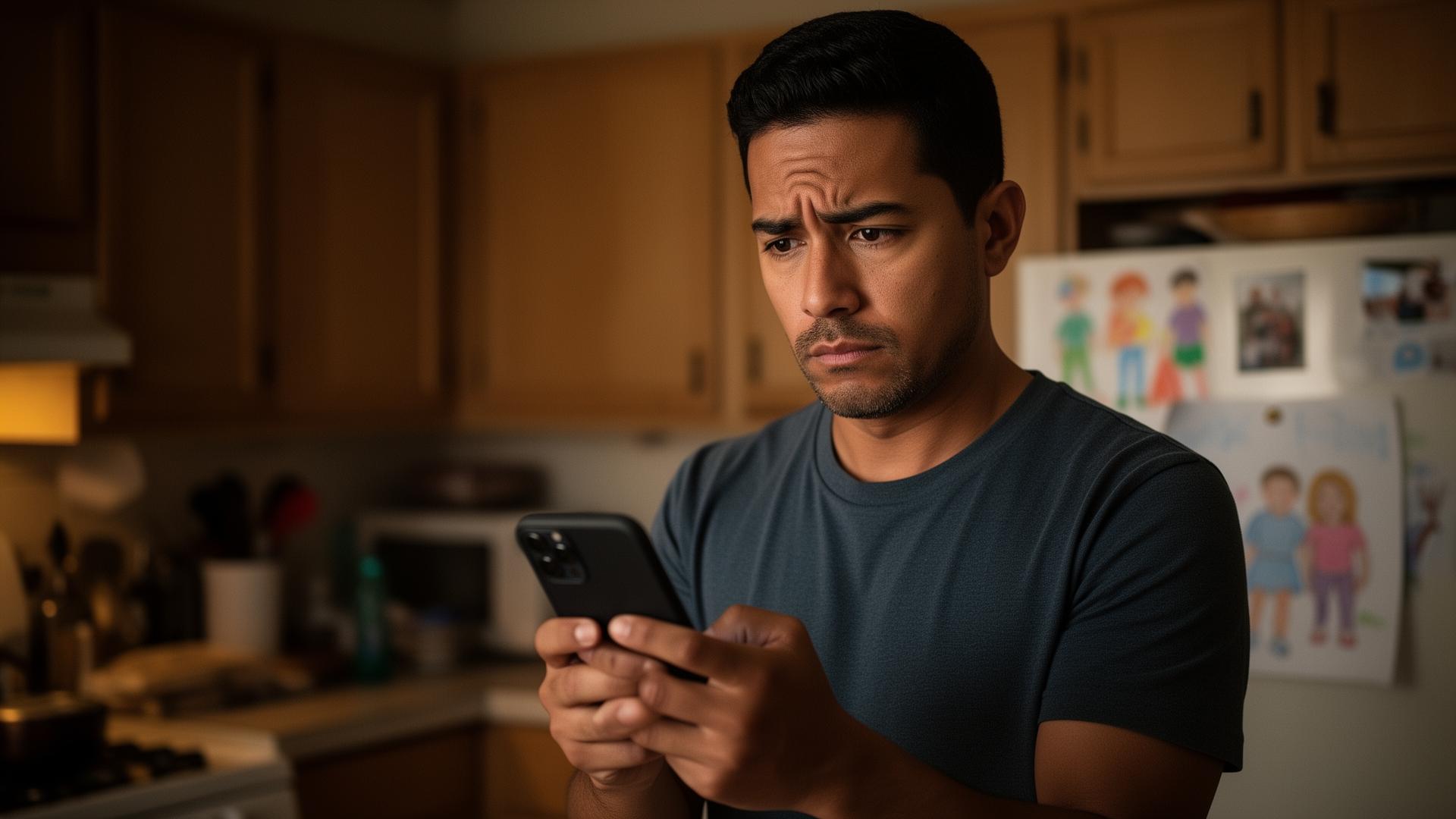 Padre latino revisando su teléfono en casa